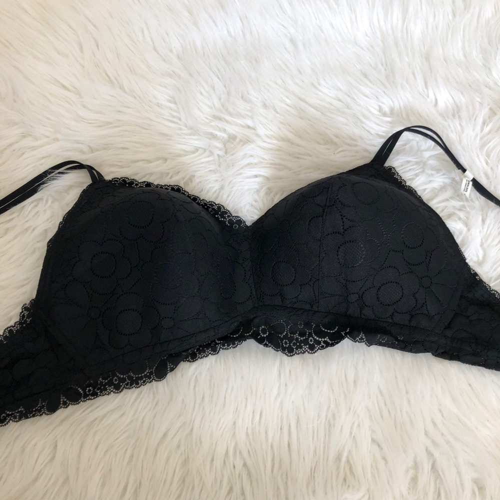 Aerie Black Floral Lace‎ Wireless Bra 40DD Lightly Lined Adjustable Straps NWT